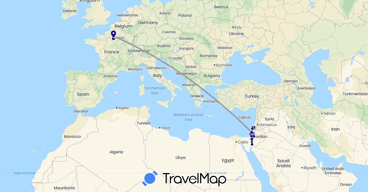 TravelMap itinerary: driving, plane in France, Israel, Palestinian Territories (Asia, Europe)